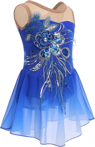Vista 5 de Vestido de patinaje artístico sobre hielo para niñas, lentejuelas brillantes, malla transparente, gasa, ballet, danza, leotardo, trajes de bailarina