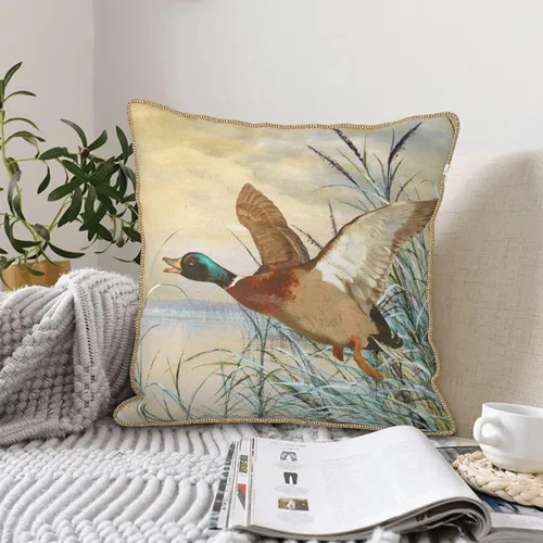 Vista 6 de Fundas de almohada de terciopelo de lujo con estampado doble de pato mallard con ribete dorado de 18 x 18 pulgadas, fundas de almohada decorativas