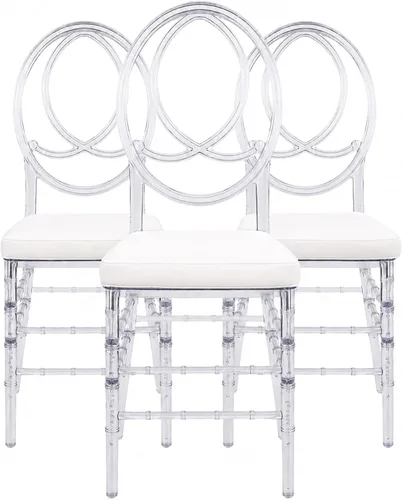 Vista 11 de FOH Juego de 3 sillas Chiavari de acrílico transparente con cojines, silla de comedor de cristal transparente totalmente montada, sillas fantasma