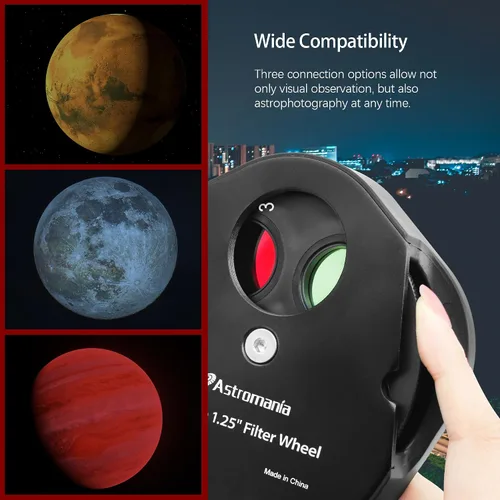 Vista 4 de Rueda de filtros Astromania para telescopio, cajón de filtros compatible con filtro de telescopio de 1.25 pulgadas para observación de planetas