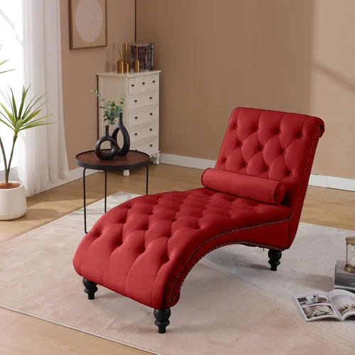 Vista 15 de Tumbona con botones para interiores, tumbona de terciopelo con patas y almohada, respaldo enrollado sin brazos, sofá reclinable para sala de estar