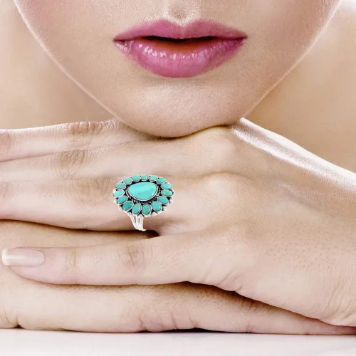 Vista 4 de Anillo turquesa de plata de ley 925 con piedras preciosas genuinas estilo suroeste