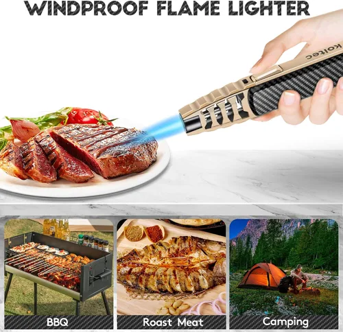Vista 2 de Linterna de butano, encendedor de cocina resistente al viento para exteriores, recargable y ajustable, con llama de chorro de butano con seguridad