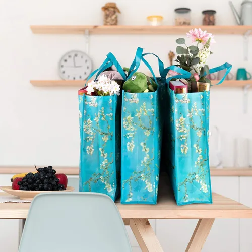 Vista 2 de NymphFable Paquete de 6 bolsas de comestibles reutilizables con flores de almendra, bolsas de compras, impermeables, bolsas de regalo, 50 libras