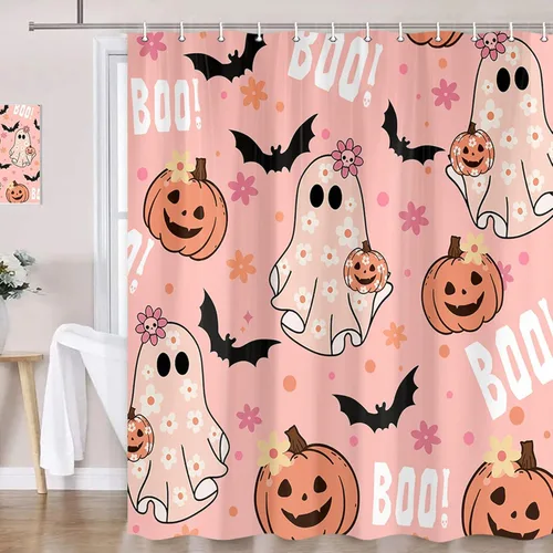 Vista 13 de Halloween Haunted Graveyard Shower Curtains, Horror Forest Shower Curtain for Bathroom, Scary Pumpkin Lantern Tombstone Skull Fabric Waterproof
