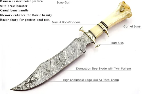 Vista 2 de Delta: hecho a mano de acero de Damasco Bowie cuchillo mango hueso de camello Artesanía artesanal, funda de cuero, pieza de exhibición decorativa