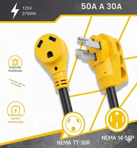 Vista 2 de Adaptador RV de 50 amperios a 30 amperios, NEMA 14-50P macho a TT-30R Dogbone - Cable convertidor eléctrico con indicador de alimentación LED