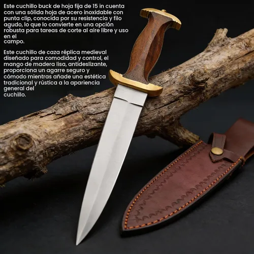 Vista 5 de SZCO - Cuchillo de caza de espiga completa de 15 pulgadas, cuchillo de daga del siglo XIV con mango de madera marrón, hoja de acero inoxidable
