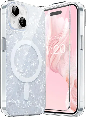 Vista 18 de Funda MagSafe para iPhone 15 Pro para mujeres y niñas, funda magnética iridiscente con purpurina iridiscente de ópalo perlado