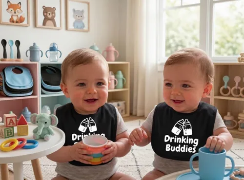 Vista 3 de 100% Cotton Drinking Buddies Twin Bibs Cute & Practical Unisex Bibs for Twins with Waterproof, Durable, for Everyday Use