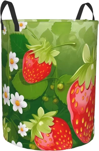 Vista 2 de Strawberry and flower print Circular Hamper Waterproof Storage Bin Organizer Basket Laundry Hamper With Handles For Clothes Toys Small