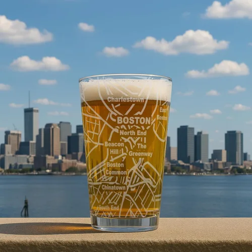 Vista 3 de Greenline Goods Boston, MA Map - Vasos de cerveza (juego de 2), 16 onzas - Diseño de envoltura grabada