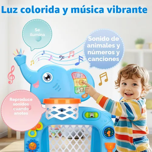 Vista 4 de Aro de baloncesto y portería de fútbol para niños de 1, 2, 3 años, juguete deportivo para niños con música de sonido ligero, juguetes Montessori Azul