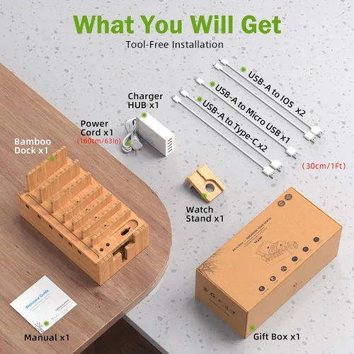 Vista 3 de Estación de carga de bambú Pezin & Hulin con 5 puertos USB y 5 cables All-in-One, 5-Port USB HUB Included, 8-Device Organizer, Natural Bamboo, #1