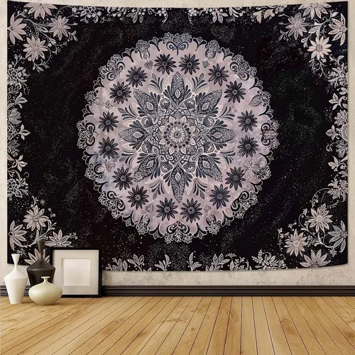 Vista 13 de Fowocu Tapiz bohemio con mandala floral para colgar en la pared, medallón de flores bohemias, tapiz estético, beige, naranja, hippie, indio, pequeño