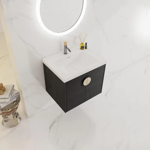 Vista 7 de LKTART Vanidad flotante de baño de 24 pulgadas con puertas de cierre suave y fregadero de cerámica para baño pequeño, color negro