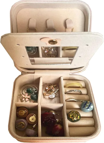 Vista 4 de Joyero de viaje organizador portátil para joyas, organizador de almacenamiento de piel sintética con espejo, soporte de joyería para mujeres