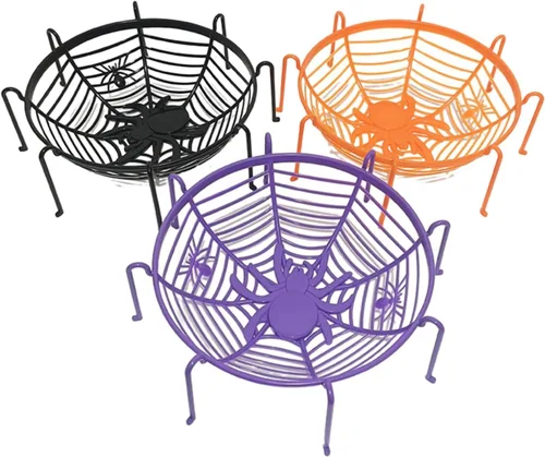 Vista 5 de Cuencos de cesta de tela de araña de Halloween, soporte de plástico para dulces para truco o trato, decoraciones de agarre a mano para suministros F