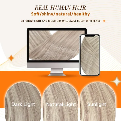 Vista 7 de Full Shine Extensiones de Cabello Rubio con Clip Reflejos Cabello Humano Extensiones con Clip Rubio Ceniza Mezcla Rubio Decolorado PU Extensiones