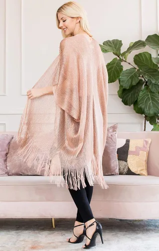 Vista 5 de Poncho de lentejuelas bohemio con purpurina - Kimono Cardigan, bufanda de malla metálica brillante, capa de crochet de punto abierto