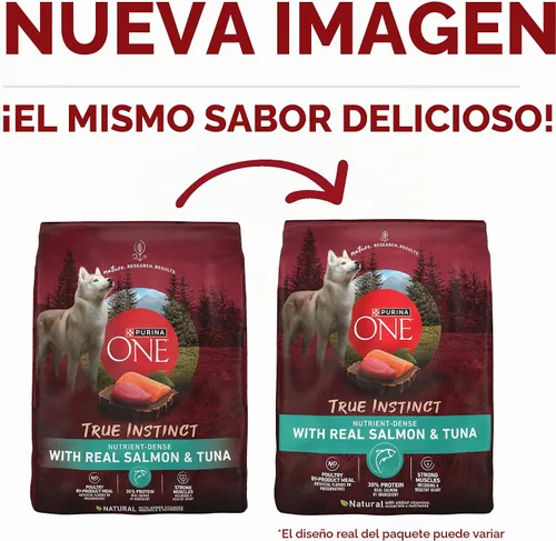 Vista 2 de Purina ONE True Instinct con salmón real y atún natural con vitaminas, minerales y nutrientes añadidos, fórmula seca de alimentos para perros