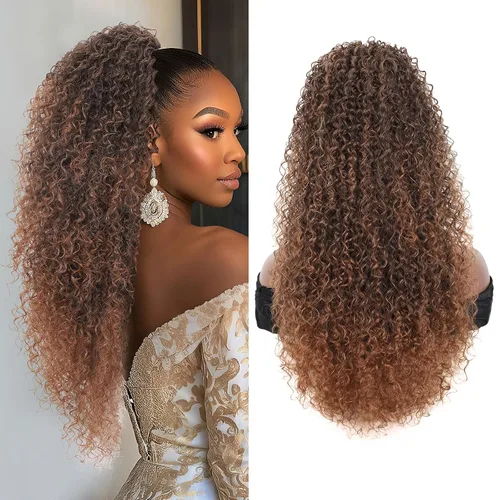 Vista 13 de Youthfee Cola de caballo con cordón para mujer, cola de caballo rizada profunda, sintética mezclada con cabello humano, negro natural, afro, rizado