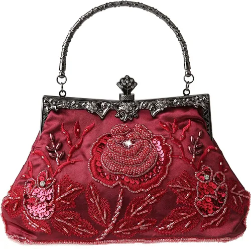Vista 18 de Bolso de mano de estilo vintage con cuentas florales y strass para mujer, con bordado de lentejuelas, bandolera para novia, boda, fiesta