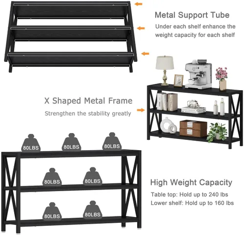 Vista 4 de Mesa consola para entrada, mesa de sofá larga con estantes debajo de la ventana, mesas de pasillo de madera y metal para vestíbulo