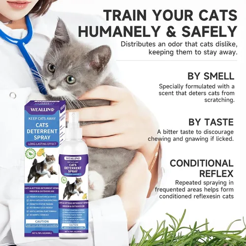 Vista 3 de WEALLIN Spray disuasorio para gatos, 6.76 onzas líquidas, repelente de gatos natural para interiores y exteriores, ayuda de entrenamiento