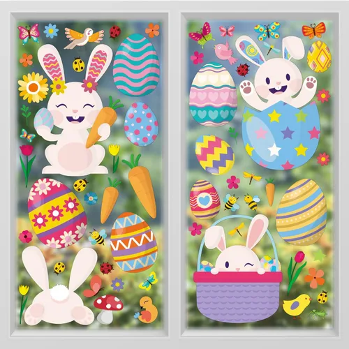 Vista 10 de WALPLUS Decoración de primavera para ventana de conejito de Pascua, decoración de primavera, de verano, reutilizable, para despegar y pegar
