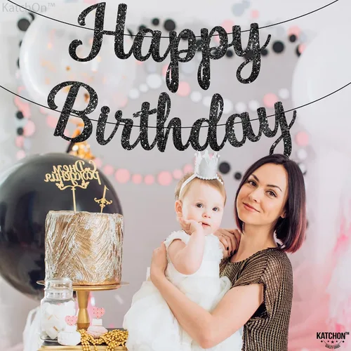 Vista 6 de KatchOn Cartel de feliz cumpleaños cursivo negro con purpurina, pre-encordado, 10 pies, cartel de feliz cumpleaños para mujeres, hombres, niños