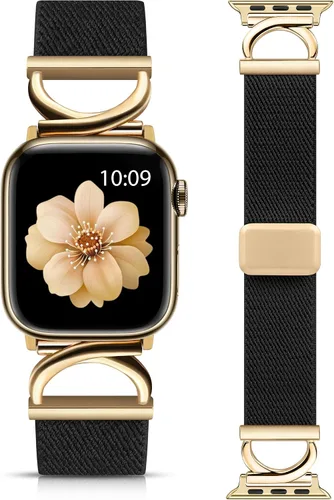 Vista 11 de Minyee Correa magnética elástica compatible con Apple Watch Band de 38/40/41/42/44/45/46/1.929 in para mujer, correa de metal en forma de C