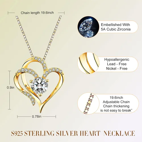 Vista 4 de Double Heart Birthstone Necklace for Women - 925 Sterling Silver Adjustable Chain, 12-Month Cubic Zirconia Pendant, Gift for WifeGirlfriendMom