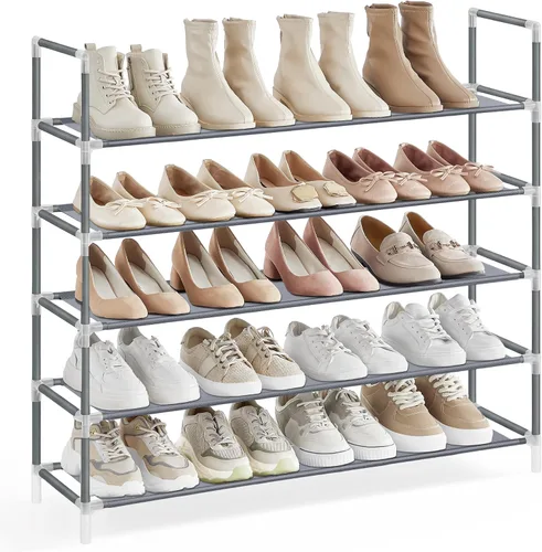 Vista 17 de SONGMICS - Estante para zapatos de 2 niveles, almacenamiento de zapatos para armario de pasillo, delgado y que ahorra espacio, marco de metal, Negro