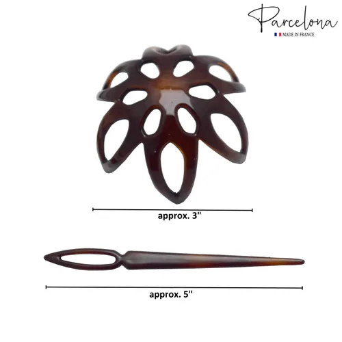 Vista 7 de Parcelona French Fleur - Pasador deslizante de pelo de 3 pulgadas con forma de concha de tortuga pequeña, pasador a través del moño, tapa de cola