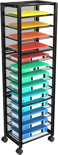 Vista 10 de Simple Trending - Carrito de archivo de 12 niveles con ruedas, organizador de escritorio con bandejas deslizantes y malla metálica