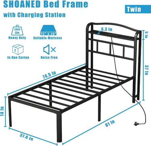 Vista 2 de SHOANED Base de cama de metal de 14 pulgadas, base de colchón básica de plataforma resistente de color negro con cabecera y estación de carga,