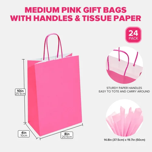 Vista 3 de DjinnGlory Paquete de 24 bolsas de regalo de papel rosa intenso de tamaño mediano con asas de 10 x 8 x 4 pulgadas y 24 papel de seda rosa para Rosa