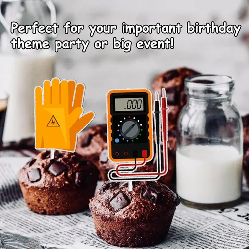 Vista 7 de 18 piezas de purpurina dorada herramientas postre magdalena decoración eléctrica liniero tema suministros de decoración niño hombre feliz cumpleaños