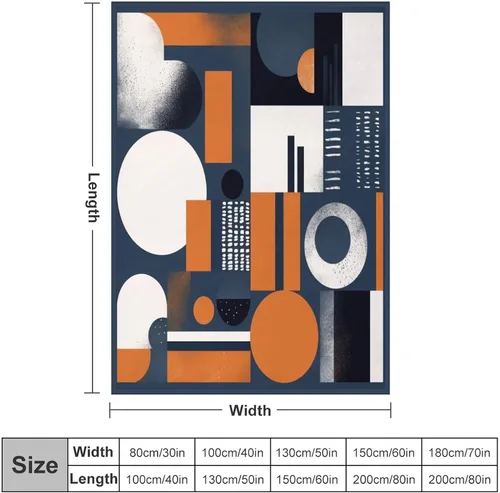 Vista 2 de Manta de franela de mediados de siglo, color azul marino, naranja quemado, estética abstracta, geométrica, acogedora, manta moderna de mediados
