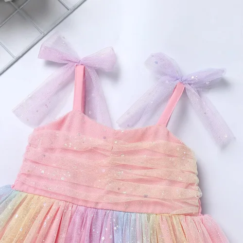 Vista 5 de IMEKIS Vestido de princesa de cumpleaños para niña pequeña, confeti brillante, bohemio, arco iris, pastel, sesión de fotos, traje para 1-6T