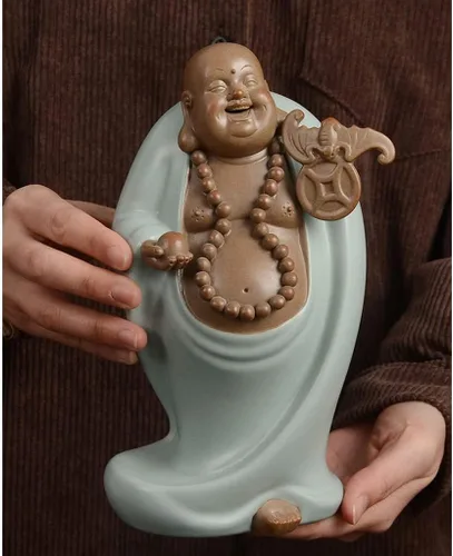 Vista 5 de Estatua de Buda, estatuas de Buda para el hogar, estatua de Buda sonriente, Buda sonriente, de cerámica, Maitreya Buda, para casa, oficina, regalo