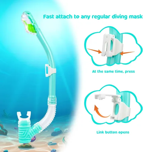 Vista 4 de Snorkel seco para niños, tubo de esnórquel definitivo para esnórquel, apnea y natación, tecnología de respiración fácil, válvula seca montada