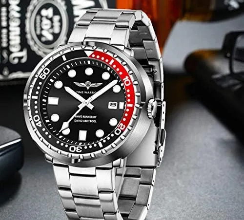 Vista 3 de TIME WARRIOR Wave Runner by DA, movimiento de cuarzo, correa de acero inoxidable, reloj Pro Diver, edición limitada