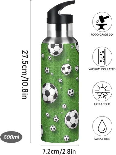 Vista 9 de Soccer Balls Green Insulated Stainless Steel Water Bottle with Straw 20 Oz Leakproof Water Bottles, BPA-Free Sport Water Bottle
