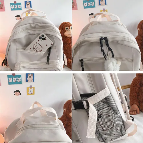 Vista 4 de Mochila Kawaii con oso de peluche, accesorios de pin kawaii, bonita bolsa de libros estética, bolsas escolares para niñas y adolescentes, Negro