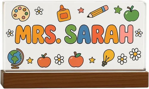 Vista 9 de Placa de nombre personalizada para escritorio para profesores, placa de nombre de acrílico personalizada para maestros con base de madera, letrero
