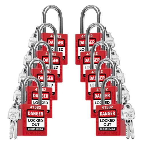 Vista 19 de TRADESAFE Juego de cerraduras de bloqueo - 7 candados iguales con llave roja, 2 llaves por cerradura, cerraduras Loto compatibles con OSHA