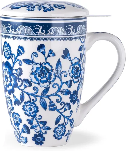 Vista 17 de AmorArc Taza de té de porcelana de 18 onzas con infusor y tapa, taza de té de hojas sueltas con colador de acero inoxidable, taza de café grande