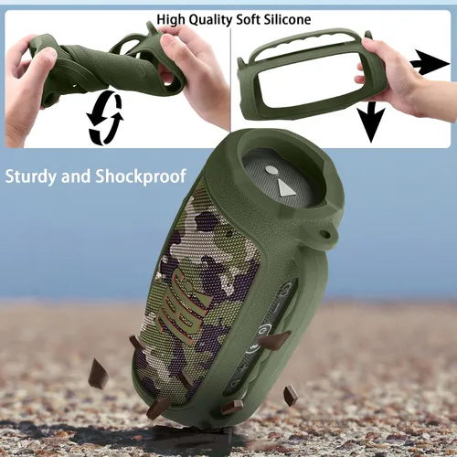 Vista 6 de co2CREA Funda de silicona para altavoz Bluetooth JBL Charge 5 portátil a prueba de agua, funda de viaje suave con correa para el hombro, funda